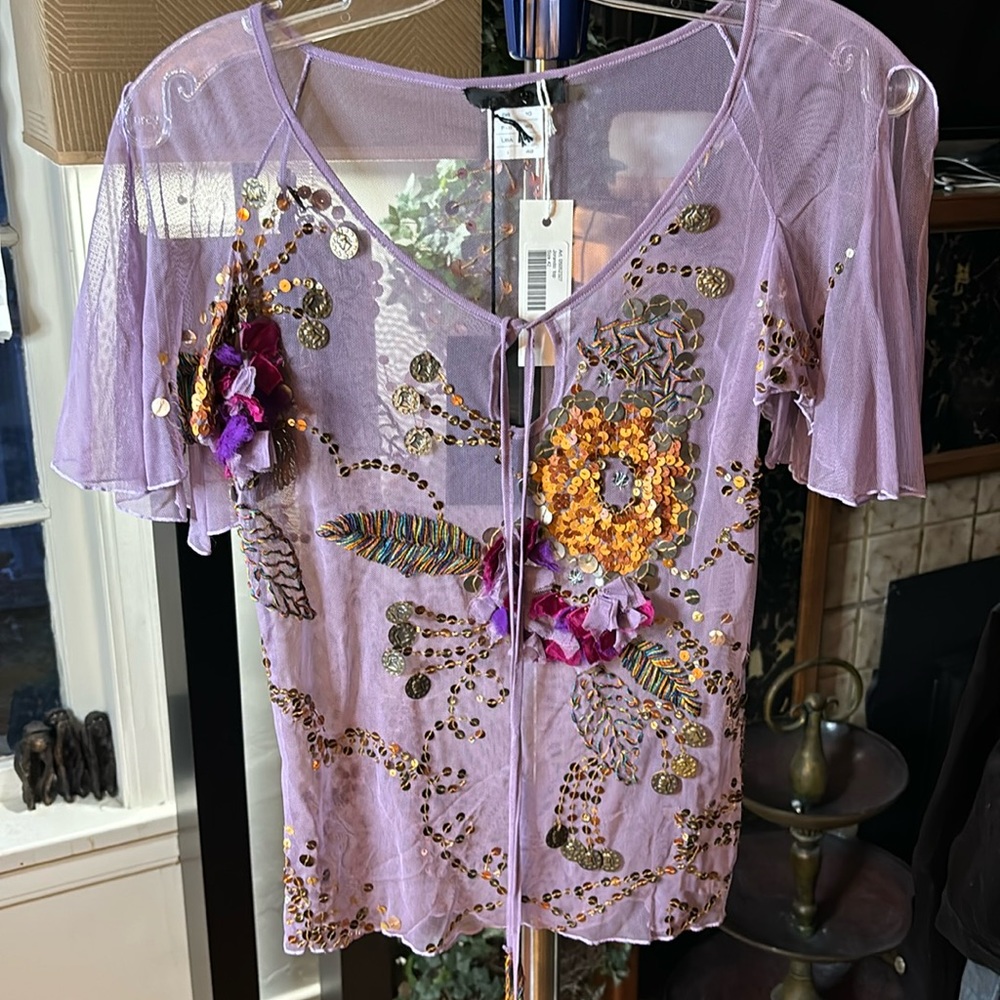 Jordano lilac beaded sheer blouse, size EU 42 USA 8 NWT $790
